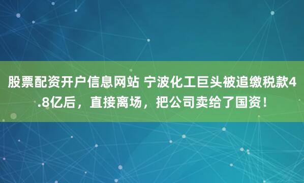 股票配资开户信息网站 宁波化工巨头被追缴税款4.8亿后，直接离场，把公司卖给了国资！
